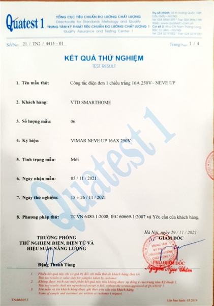Chứng nhận thẩm định chất lượng sản phẩm VIMAR NeveUp tại Việt Nam